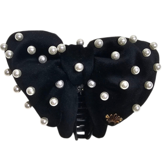Lele Sadoughi Pearly Velvet Simone Bow Clip Black Pearl Embellished Claw Clip - Picture 2 of 6
